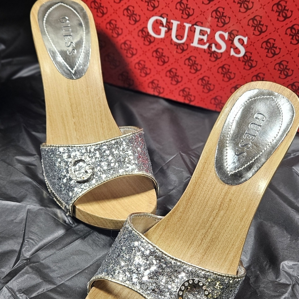 GUESS Silver Multi Textured Women's Barbie-style Clog Heel Sandals